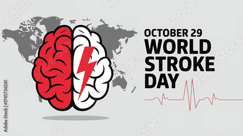 Vector art of world stroke day on october 29, depicted with a split brain graphic, lightning bolt, and world map, highlighting global impact and urgency