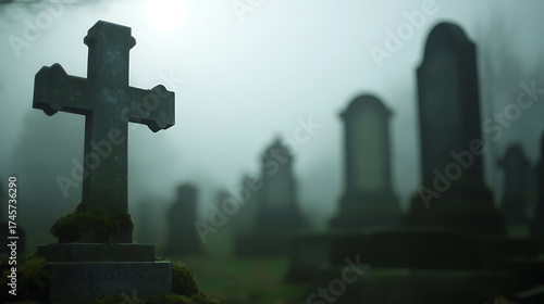 Graveyard cross emerges from the mist. Ancient stone markers fade into the distance. Fog shrouds the forgotten.