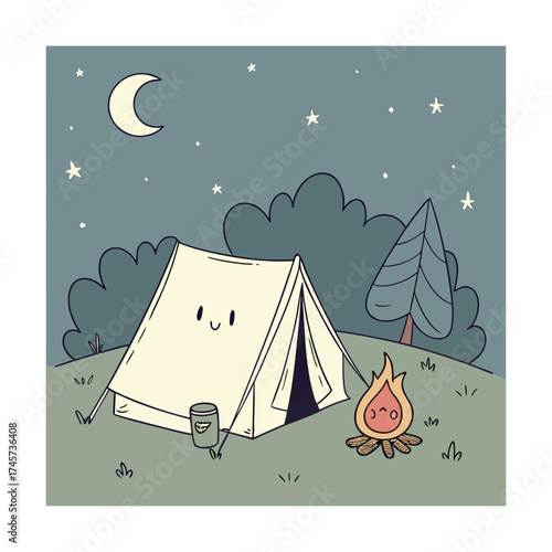 Cartoon illustration vector of a summer or winter camping tent in a landscape with a mountain or sea, a starry night sky, and trees