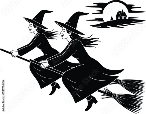 Two witches flying on broomsticks under a moonlit scene on transparent background silhouette