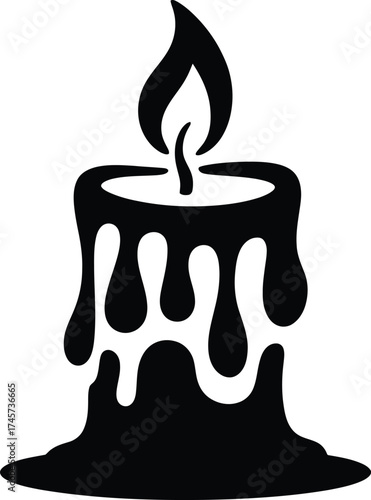 Elegant black candle design with melting wax on transparent background silhouette