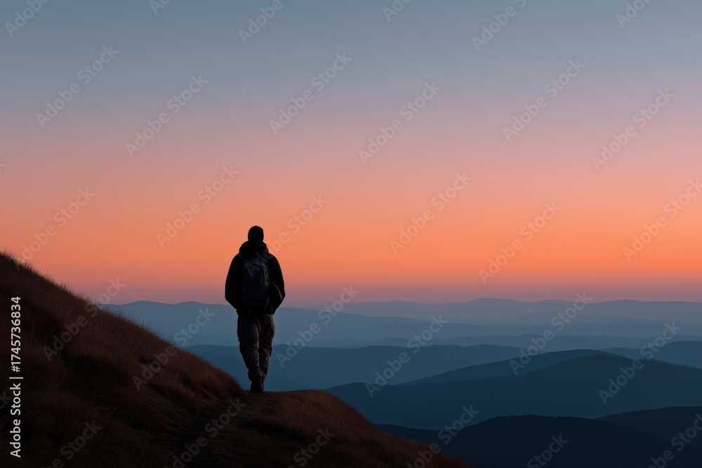 Obraz premium Solitary hiker at sunrise on mountain ridge in serene landscape