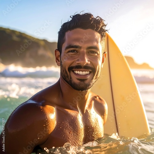 Portrait of a smiling man with a surfboard in ocean