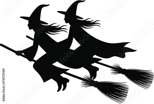Two witches flying on broomsticks halloween spirit black silhouette on transparent background