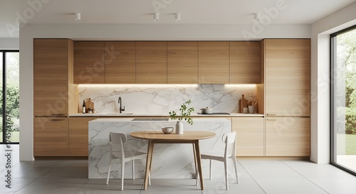 Stunning modern kitchen design showcasing natural wood cabinetry and marble island, perfect for inspiring home renovations and stylish interiors projects