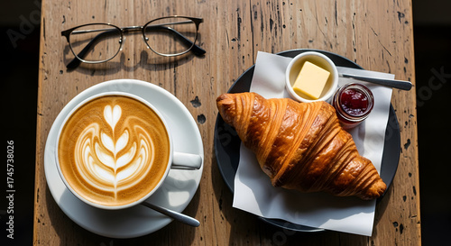 A top view of a coffee with latte art croissant butter jam and glasses on a wooden table surface