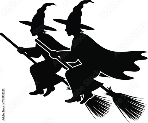 Two witches on broomsticks flying through the air on transparent background silhouette
