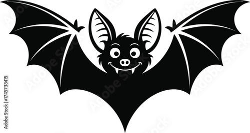 Charming cartoon bat illustration with spread wings on transparent background silhouette
