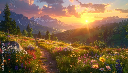 Fototapeta Naklejka Na Ścianę i Meble -  Stunning mountain sunset landscape with a path through a wildflower meadow