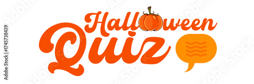 Halloween quiz logo with cartoon pumpkin isolated on whhite background. Halloween kids quest and quiz game graphic vector illustration