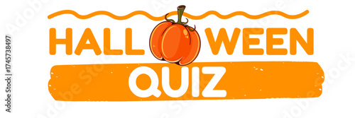 Halloween quiz logo with cartoon pumpkin isolated on whhite background. Halloween kids quest and quiz game graphic vector illustration