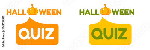 Halloween quiz logo with cartoon pumpkin isolated on whhite background. Halloween kids quest and quiz game graphic vector illustration