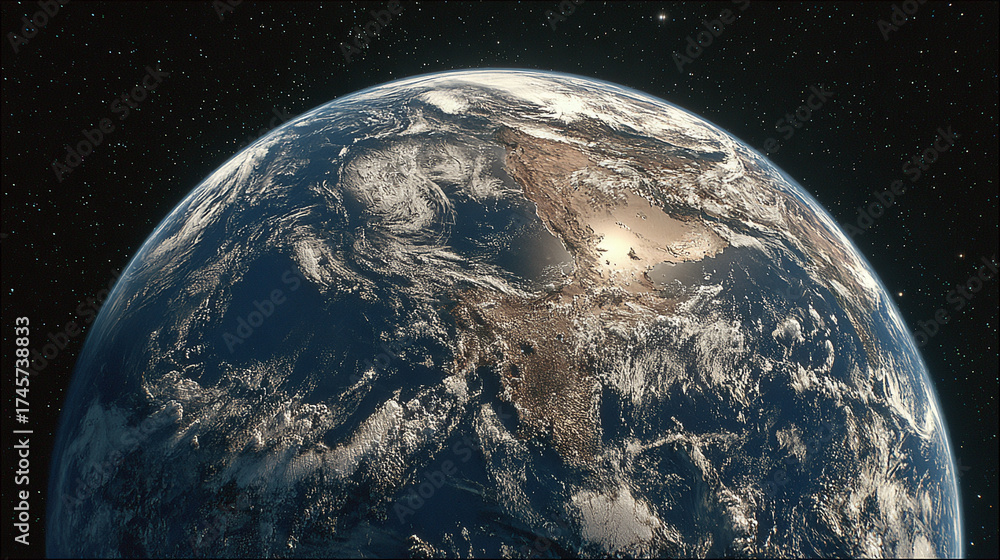 Fototapeta premium Realistic view of planet Earth in space, showing continents, oceans, and clouds in a solar system context with detailed cosmic surroundings.