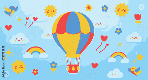 Colorful Hot Air Balloon with Clouds and Sky Illustration for Joyful Background Design