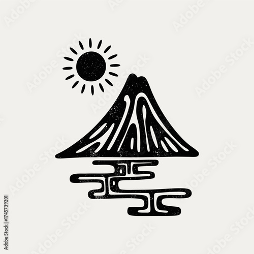 Stylized black and white illustration of a mountain reflected in water under a shining sun.