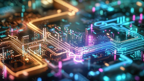 A vibrant, abstract representation of a circuit board with glowing pathways and colorful lights, symbolizing technology and connectivity.