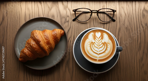 A croissant on a plate with coffee and glasses on a wooden table top from an overhead perspective