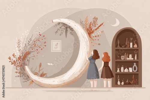 Two caucasian girls admiring rustic decor and crescent moon in cozy vintage room