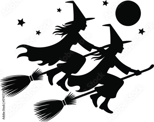 Two witches flying on brooms under a moon dark silhouette on transparent background