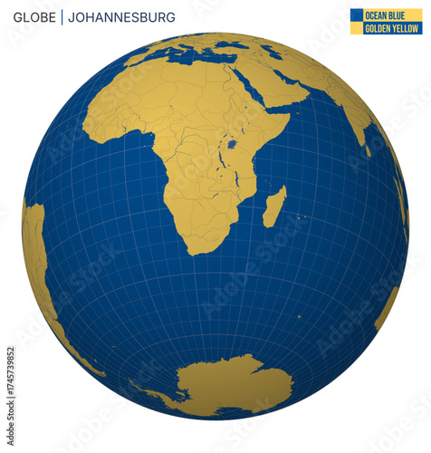 Vector Globe centered to Johannesburg. Ocean Blue Golden Yellow palette. World map with meridians, parallels, countries, rivers and lakes. Awesome vector illustration.