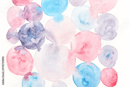 Abstract watercolor circles in pastel pink, blue, and purple shades on white background.