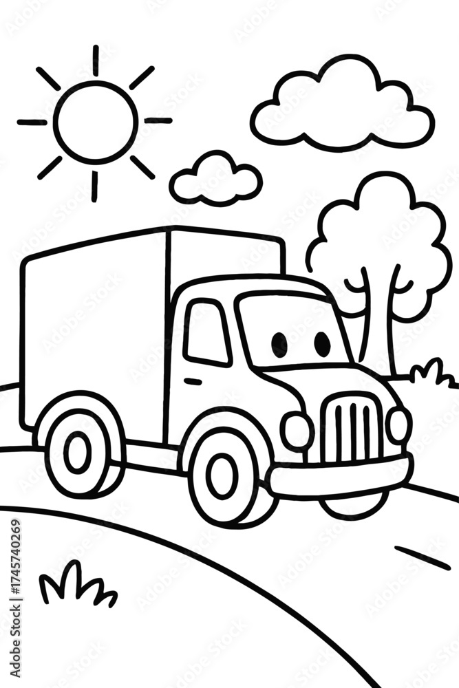 Fototapeta premium Delightful outline coloring page for children, showcasing a happy cartoon delivery truck traveling on a scenic country road with a bright sun, puffy clouds, and a lush tree, ideal for imaginative colo