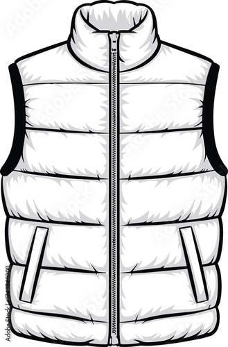 White puffer vest, winter fashion, sleeveless jacket, quilted outerwear, insulated clothing, cold weather gear, zipper pockets, high collar, stylish layering