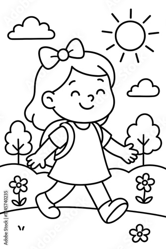 Happy little girl with her backpack walks cheerfully outdoors on a bright sunny day. This delightful line art coloring page for children features a smiling child, trees, flowers, and clouds, ideal for