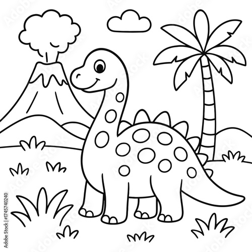 Cute long-necked dinosaur coloring page for kids. This friendly, spotted cartoon dino stands in a prehistoric landscape featuring an erupting volcano, a tall palm tree, and green grass. Perfect outlin