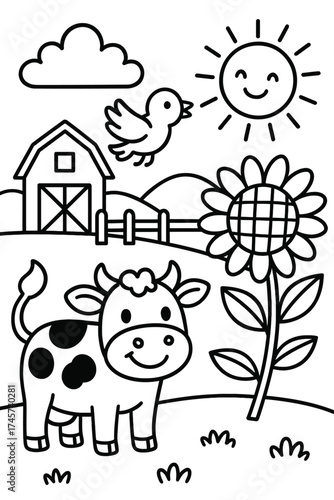 Delightful farm coloring page for kids, featuring a happy cow, barn, bird, sun, cloud, and sunflower. Ideal printable art for fostering creativity, fine motor skills, and learning farm animals & natur