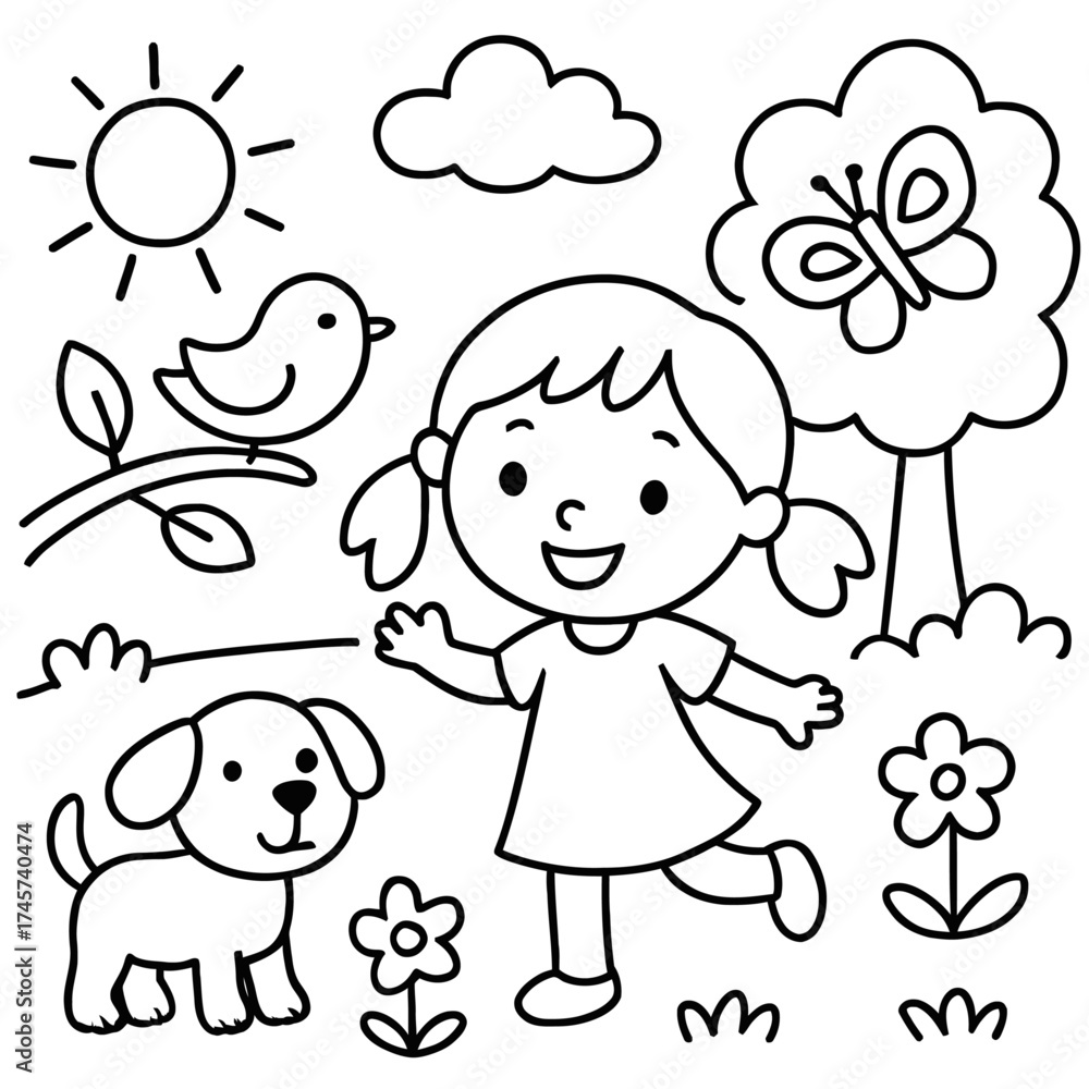 Obraz premium A delightful cartoon girl enjoys a sunny day outdoors with her playful puppy, a chirping bird on a branch, and a graceful butterfly near a tree, amidst blooming flowers and fluffy clouds, an ideal sce