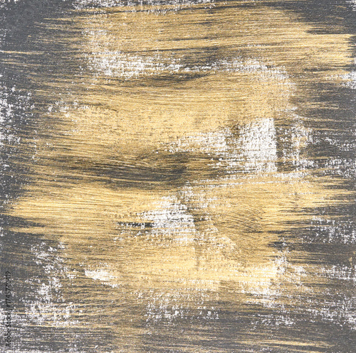 Abstract gold and gray brush strokes on canvas with textured artistic pattern.