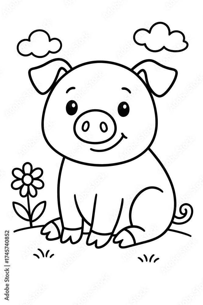 Fototapeta premium Cute cartoon pig coloring page for kids, a printable outline of a happy smiling pig sitting in grass with a flower and clouds, perfect for toddlers and preschoolers to color and develop fine motor ski