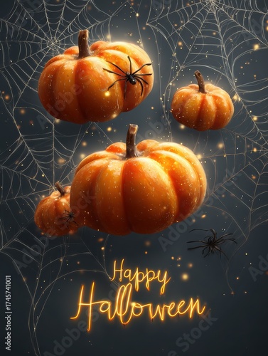orange cartoon pumpkins radiate light displaying happy halloween with spooky webs for party posters invites