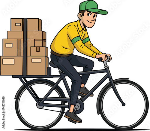 Delivery cyclist illustration, cartoon character, cargo bike, cardboard boxes, green cap, yellow shirt, urban logistics, vector clipart, eco transport, package service