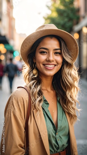 Portrait of a smiling woman in a hat with a street background