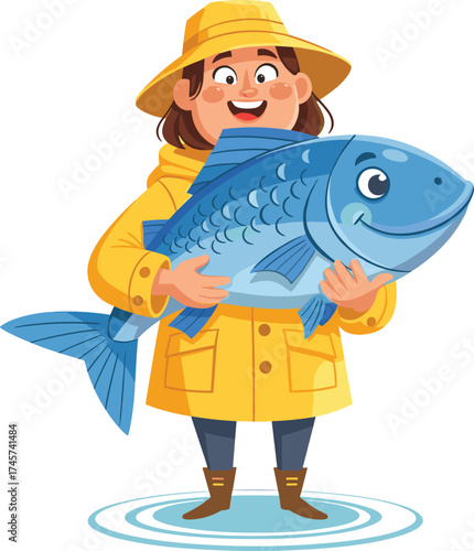 Fisher illustration, cartoon character, yellow raincoat, blue fish, red bandana, happy expression, outdoor activity, vector clipart, fishing moment, water ripple