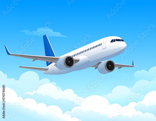 A cartoon-style jet plane soars through a vibrant blue sky, dotted with fluffy white clouds.  The plane is a light white with navy blue accents