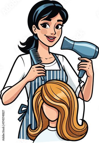 Hairdresser illustration, cartoon stylist, blow drying, combing hair, striped apron, blonde client, salon scene, vector clipart, beauty service, grooming moment