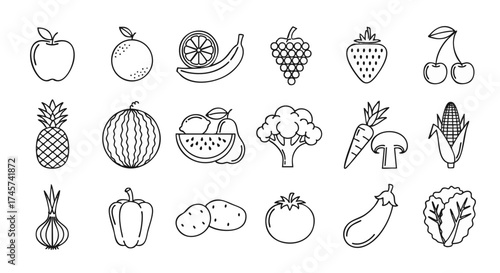 Diverse Line Art Collection of Fresh Fruits and Vegetables for Healthy Living