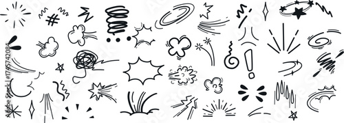 Dynamic manga comic expressions and motion icons set. Hand-drawn Japanese pop art style with emotional faces, speech bubbles, sound symbols, lightning, and star swirl elements .