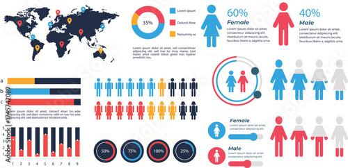 Global demographic infographics and analytics charts. Modern data visualization design showing gender ratio, regional statistics, population age pyramid, map comparison, and social research metrics.
