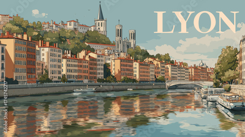 vector illustration, Cityscape of Lyon in France, attractive touristic advertisement poster, beautiful touristic must-see destination. Beautiful tourist destination, in western europe.  Travel destina