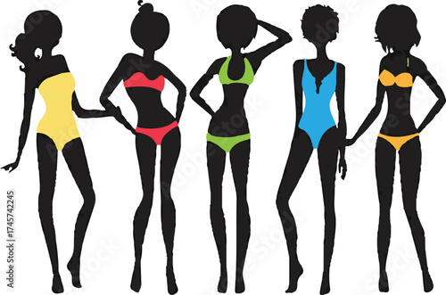 The slim girl in a bikini poses as a fashion model with a silhouette of her body
