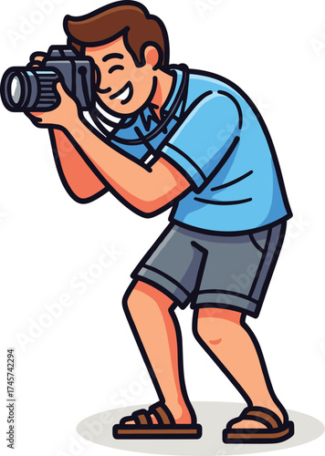 Photographer illustration, cartoon character, taking photo, camera pose, blue shirt, brown sandals, casual outfit, vector clipart, travel moment, hobby scene