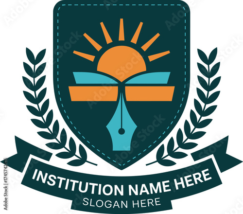 Vector art of education institution logo, featuring a book, sun, pen, and laurel wreath