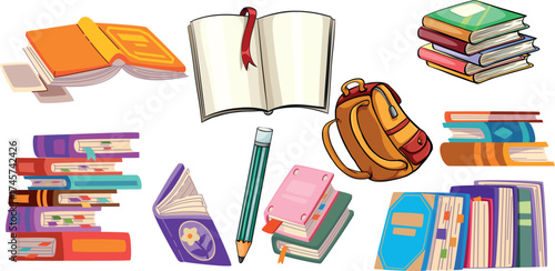 Cartoon books, education and learning icons set. Open and closed school textbooks, reading literature, stacked library volumes, bookmarks, and knowledge concept.