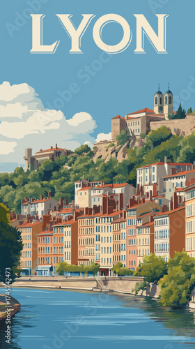vector illustration, Cityscape of Lyon in France, attractive touristic advertisement poster, beautiful touristic must-see destination. Beautiful tourist destination, in western europe.  Travel destina