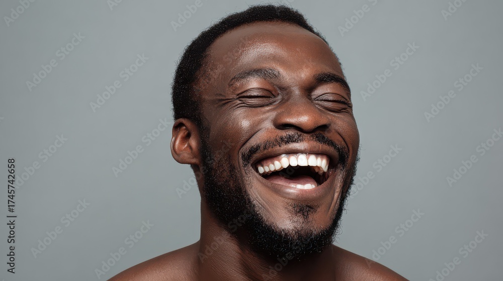 Obraz premium handsome unshaven young darkskinned male laughing out loud at funny meme he found on internet smiling broadly showing his white straight teeth positive human facial expressions and emotions no logos 