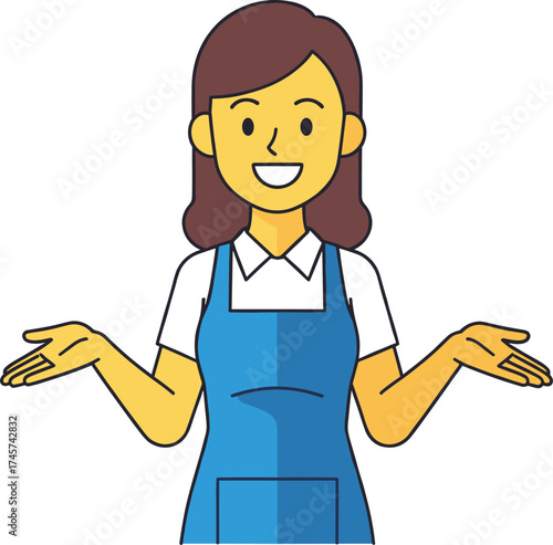 Service worker illustration, cartoon character, blue apron, white shirt, smiling pose, raised hands, helpful gesture, vector clipart, friendly staff, explanation moment